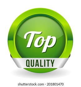 Green top quality button with metallic ribbon on white background