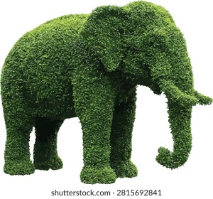 Green topiary bush shaped like an elephant, garden animal plant sculpture vector illustration isolated on white background.