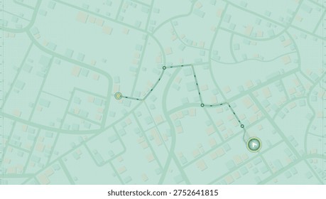 Green topographic street map with dotted navigation path. Vector illustration.