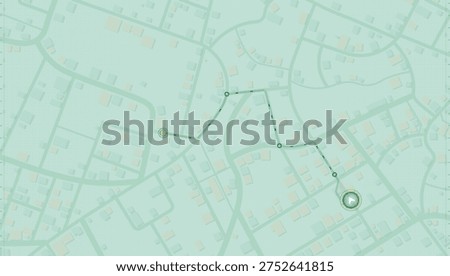 Green topographic street map with dotted navigation path. Vector illustration.