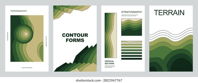 Green topographically inspired poster template set displaying elevation maps contour lines vertical stratigraphy sections and layered terrain landscape vector artwork