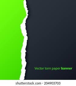 Green torn paper with drop shadows on dark background. Vector illustration