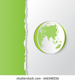 Green torn paper with earth in paper art style.Eco and nature concept.Vector illustration.