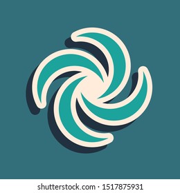 Green Tornado icon isolated on blue background. Cyclone, whirlwind, storm funnel, hurricane wind or twister weather icon. Long shadow style. Vector Illustration