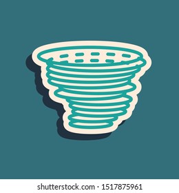 Green Tornado icon isolated on blue background. Cyclone, whirlwind, storm funnel, hurricane wind or twister weather icon. Long shadow style. Vector Illustration