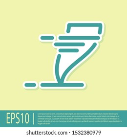 Green Tornado icon isolated on yellow background. Cyclone, whirlwind, storm funnel, hurricane wind or twister weather icon.  Vector Illustration