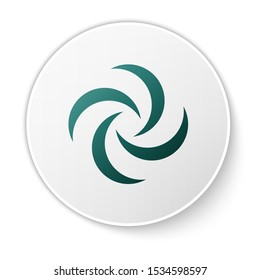 Green Tornado icon isolated on white background. Cyclone, whirlwind, storm funnel, hurricane wind or twister weather icon. White circle button. Vector Illustration