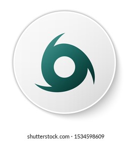 Green Tornado icon isolated on white background. Cyclone, whirlwind, storm funnel, hurricane wind or twister weather icon. White circle button. Vector Illustration