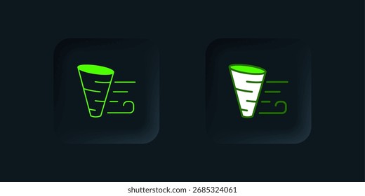 Icono de tornado verde aislado sobre fondo negro. Botón cuadrado negro. Vector