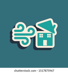 Green Tornado swirl damages house roof icon isolated on blue background. Cyclone, whirlwind, storm funnel, hurricane wind icon. Long shadow style. Vector Illustration