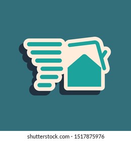 Green Tornado swirl damages house roof icon isolated on blue background. Cyclone, whirlwind, storm funnel, hurricane wind icon. Long shadow style. Vector Illustration