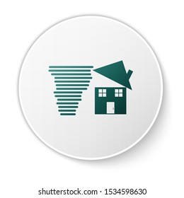 Green Tornado swirl damages house roof icon isolated on white background. Cyclone, whirlwind, storm funnel, hurricane wind icon. White circle button. Vector Illustration