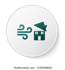 Green Tornado swirl damages house roof icon isolated on white background. Cyclone, whirlwind, storm funnel, hurricane wind icon. White circle button. Vector Illustration