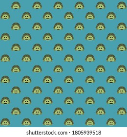 Green tortoise front view with blue background repeat pattern