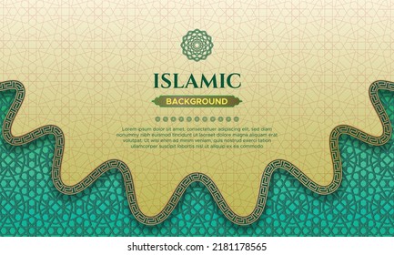 green Tosca and pastel brown Islamic pattern background with wave border frame. Suitable for Islamic celebrations: happy Muharram, eid al Fitr mubarak, eid al Adha, isra Miraj, and mawlid an Nabi 