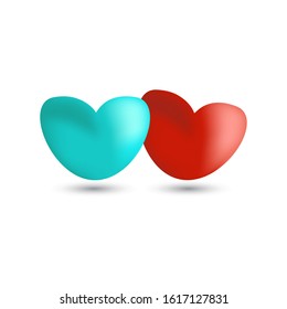 Green tosca and red 3D hearth on white background. For Valentine's day, banners, posters and wallpaper. Collection of hearts for creative art. Hearts of love.