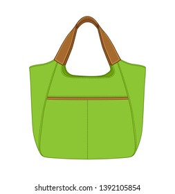 Green Tote Bag with front pocket, vector illustration sketch template isolated on white background