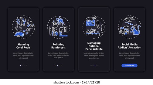 Green tourism challenges onboarding mobile app page screen with concepts. Harming coral reefs walkthrough 4 steps graphic instructions. UI, UX, GUI vector template with linear night mode illustrations