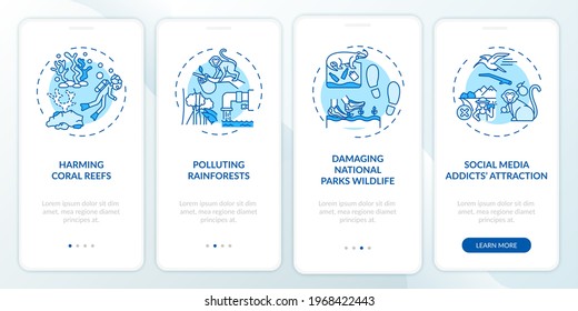 Green tourism challenges onboarding mobile app page screen with concepts. Polluting rainforests walkthrough 4 steps graphic instructions. UI, UX, GUI vector template with linear color illustrations
