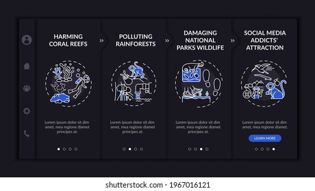 Green tourism challenges onboarding vector template. Responsive mobile website with icons. Web page walkthrough 4 step screens. Harming coral reefs color concept with linear illustrations
