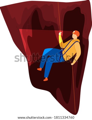 Green tourism, climber in cave, active recreation concept, outdoors, design cartoon style vector illustration, isolated on white. Summer travel, hiking, tourist on extreme travel, man climbs rope.