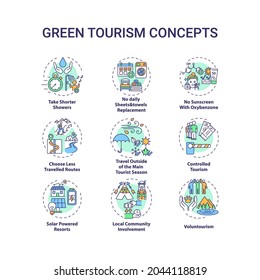 Green tourism concept icons set. Take shorter showers. No daily sheets and towels replacement idea thin line RGB color illustrations. Vector isolated outline drawings. Editable stroke