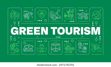 Concepto de palabra verde oscuro de turismo verde. Protección de la fauna. Viajes con conciencia ecológica. Conservación de Naturaleza. Imagen Horizontal del Vector. Texto de título rodeado de iconos de esquema editables