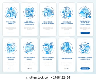 Green tourism onboarding mobile app page screen with concepts. No daily towel replacement walkthrough 10 steps graphic instructions. UI, UX, GUI vector template with linear color illustrations