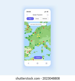 Green tourism smartphone interface vector template. Mobile app page design layout. Geo-data based map system screen. Badge, vignette or registration is required. Flat UI for application. Phone display