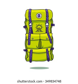 Green tourist backpack on a white background. Vector illustration drawn by hand.
