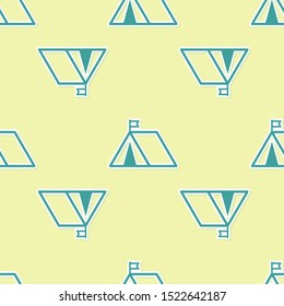 Green Tourist tent with flag icon isolated seamless pattern on yellow background. Camping symbol.  Vector Illustration