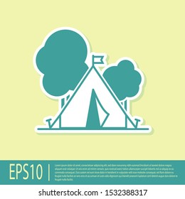 Green Tourist tent with flag icon isolated on yellow background. Camping symbol.  Vector Illustration