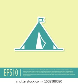 Green Tourist tent with flag icon isolated on yellow background. Camping symbol.  Vector Illustration