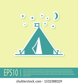 Green Tourist tent with flag icon isolated on yellow background. Camping symbol.  Vector Illustration