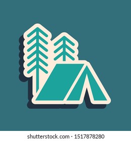 Green Tourist tent icon isolated on blue background. Camping symbol. Long shadow style. Vector Illustration