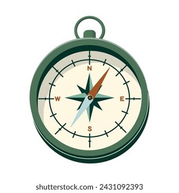 Green touristic compass design. Cartoon vector illustration. Isolated on white background