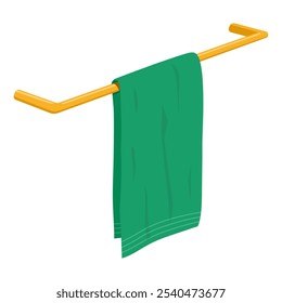 A green towel hanging on a wooden hanger, isolated on a white background. Vector illustration