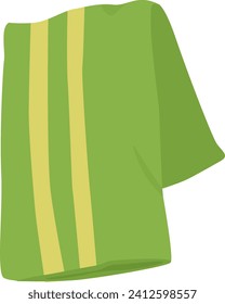 Green towel with yellow stripes folded neatly. Clean bathroom linen or spa accessory vector illustration.