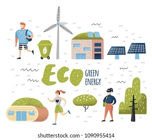 Green Town Concept. Environmental Conservation. Eco City Future Technologies For Preservation of the Planet. Alternative Energy Ecology Background. Vector illustration