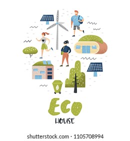 Green Town Concept. Environmental Conservation. Eco House Future Technologies For Preservation of the Planet. Alternative Energy Ecology Background. Vector illustration