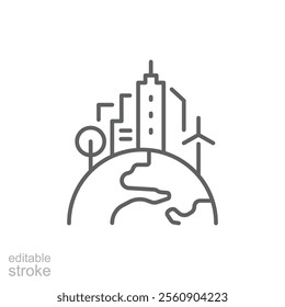 Green town icon. Simple outline style. Clean city, sustainable future, building, house, tree, earth, globe, world environment concept. Thin line symbol. Vector illustration isolated. Editable stroke.