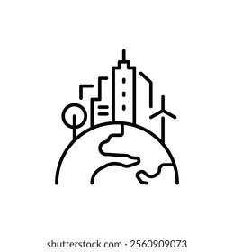 Green town icon. Simple outline style. Clean city, sustainable future, building, house, tree, earth, globe, world environment concept. Thin line symbol. Vector illustration isolated.