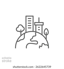 Green town icon. Simple outline style. Clean city, sustainable future, building, house, tree, earth, globe, world environment concept. Thin line symbol. Vector illustration isolated. Editable stroke.