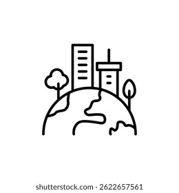 Green town icon. Simple outline style. Clean city, sustainable future, building, house, tree, earth, globe, world environment concept. Thin line symbol. Vector illustration isolated.
