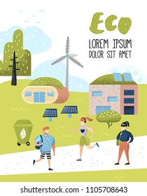 Green Town Poster. Environmental Conservation. Eco House Future Technologies For Preservation of the Planet. Alternative Energy Ecology Background. Vector illustration