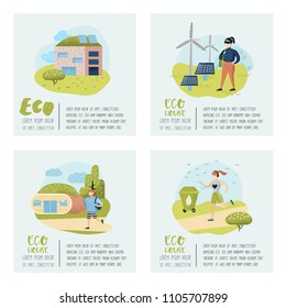 Green Town Poster Set. Environmental Conservation. Eco House Future Technologies For Preservation of the Planet. Alternative Energy Ecology Background. Vector illustration