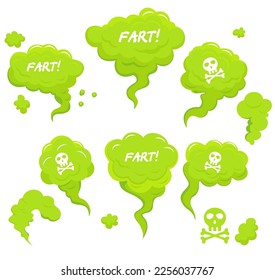 Green toxic fart. Green cartoon clouds of gas with comic style text "Fart!". Stinky clouds set. Flatulence symbol. Steam chemicals smoke, body bad scent garbage odor effect. Vector illustration.