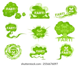 Green toxic fart. Stink smoke. Bad smelly acid clouds. Comic cartoon aroma puff with descriptions. Skull with bones. Poison evaporation. Rotten odor miasma. Deadly stench