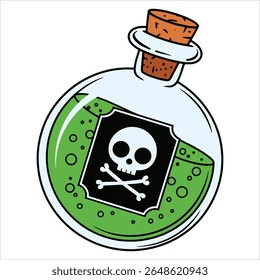 Green toxic poison bottle with skull vector. Dangerous chemical cartoon illustration for warning concepts.