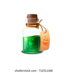 Green toxic potion in small glass bottle with cork and paper tag with Halloween pumpkin isolated cartoon flat vector illustration on white background.